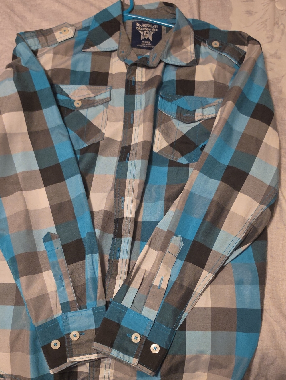 Akademiks Blue Gray White Plaid Button-Down Shirt